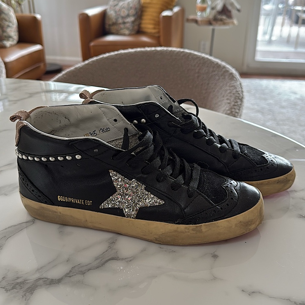 Black Golden Goose Midstar - Pearl Detail, Silver Glitter Stars, Pink Bottoms 38
